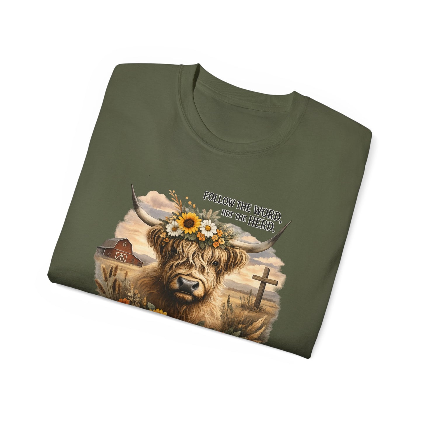 Cow Floral Tee — "Follow the Word, Not the Herd" Graphic T-Shirt