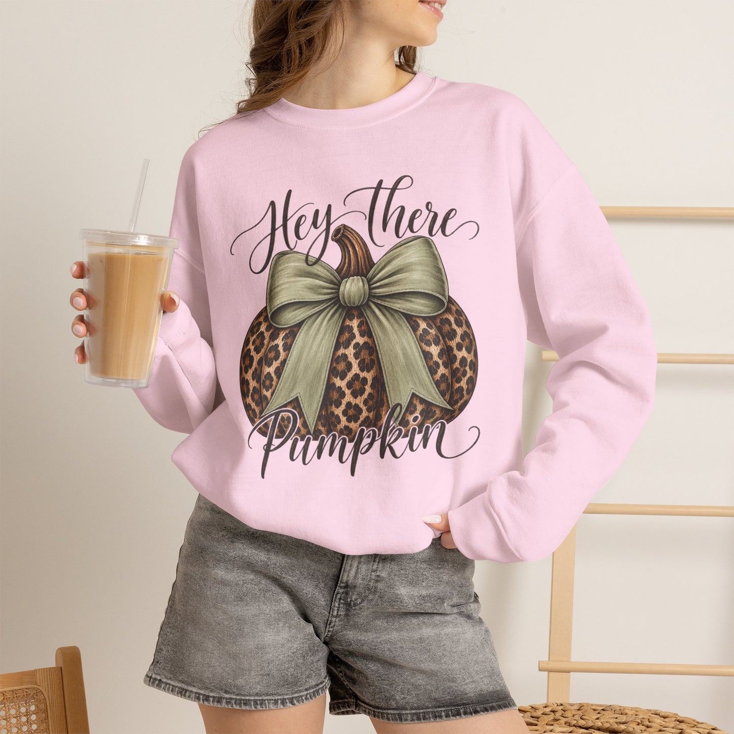 GILDAN - Hey There Pumpkin Sweatshirt — Leopard Pumpkin with Olive Bow Fall Crewneck