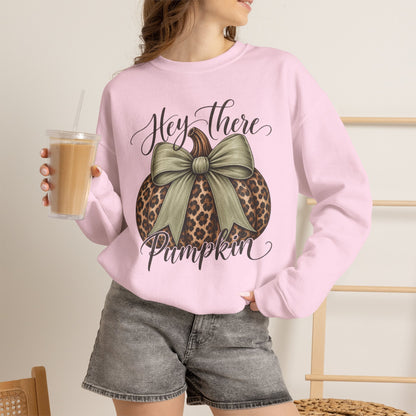 GILDAN - Hey There Pumpkin Sweatshirt — Leopard Pumpkin with Olive Bow Fall Crewneck