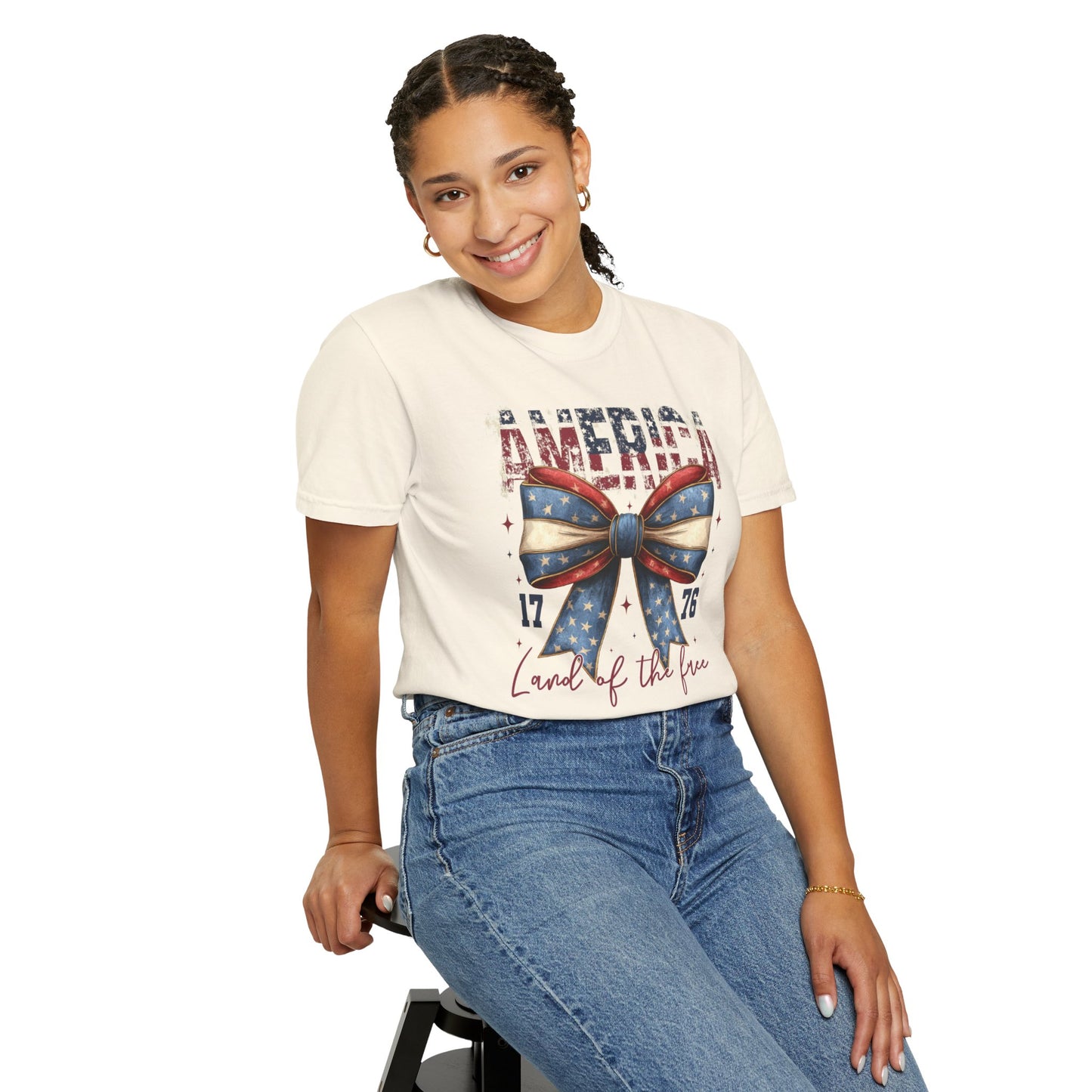 COMFORT OLORS - Patriotic America Bow T-Shirt — "America 1776 Land of the Free" Fourth of July Tee