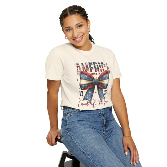 COMFORT OLORS - Patriotic America Bow T-Shirt — "America 1776 Land of the Free" Fourth of July Tee