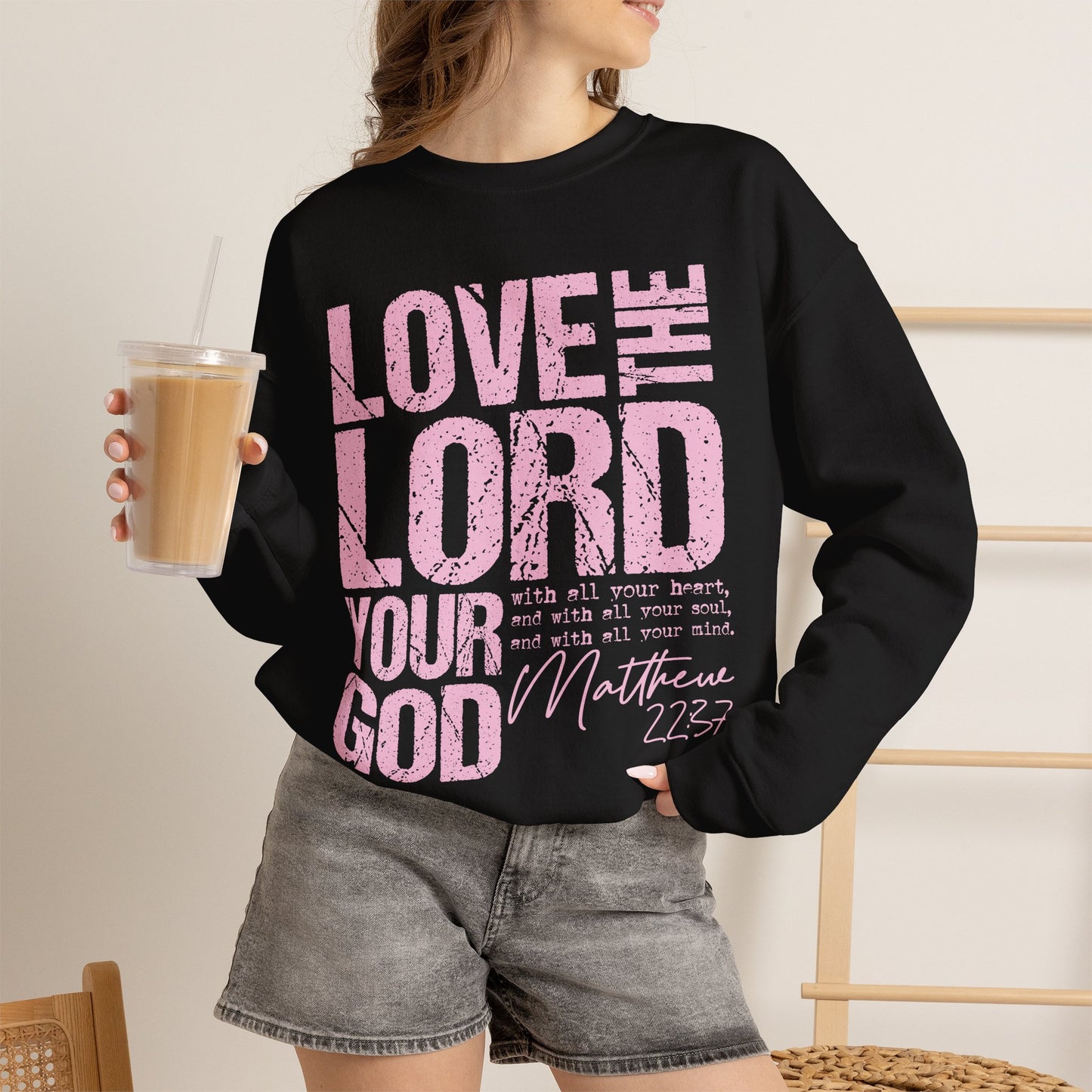 GILDAN - Christian Crewneck Sweatshirt — "Love the Lord Your God" Pink Scripture Graphic