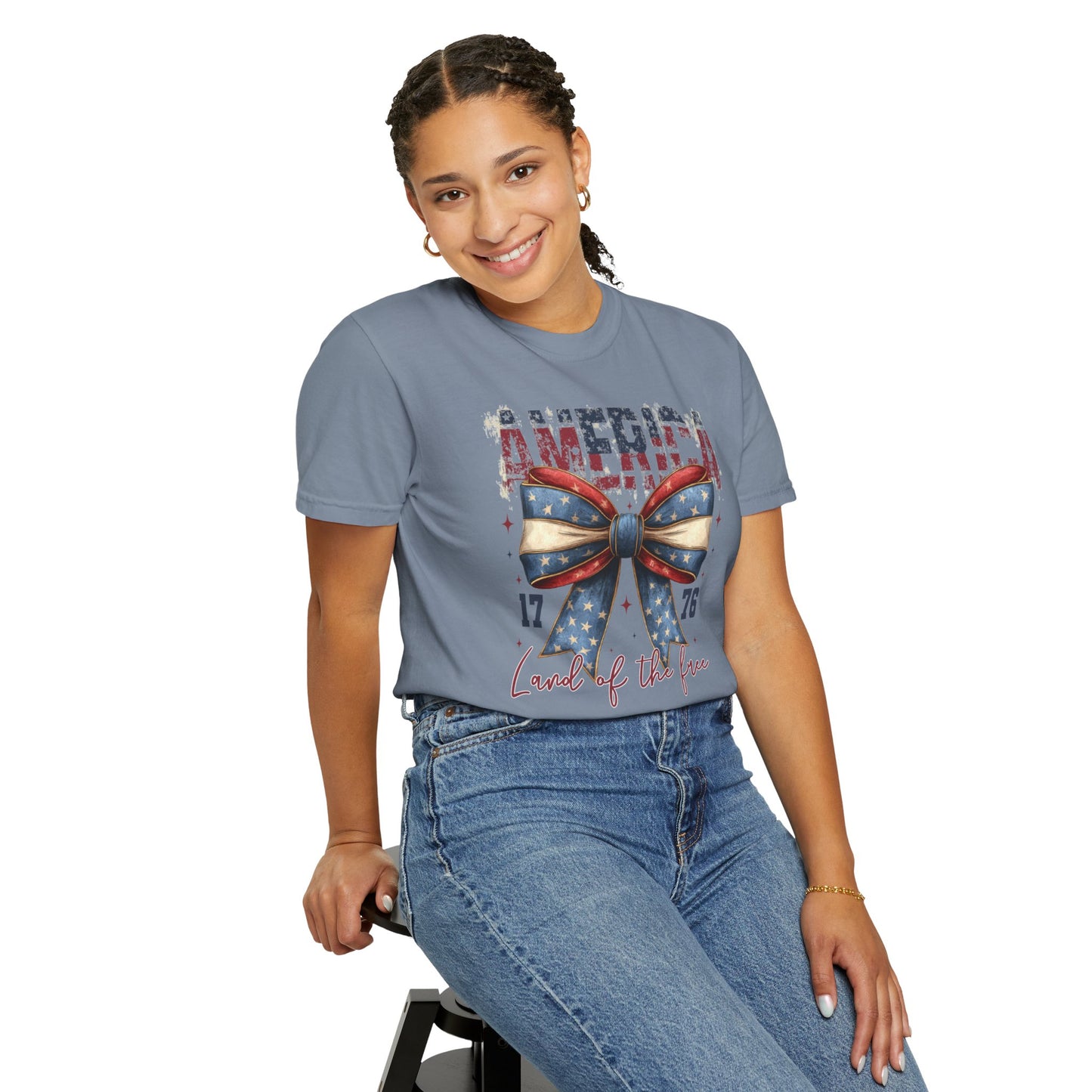 COMFORT OLORS - Patriotic America Bow T-Shirt — "America 1776 Land of the Free" Fourth of July Tee