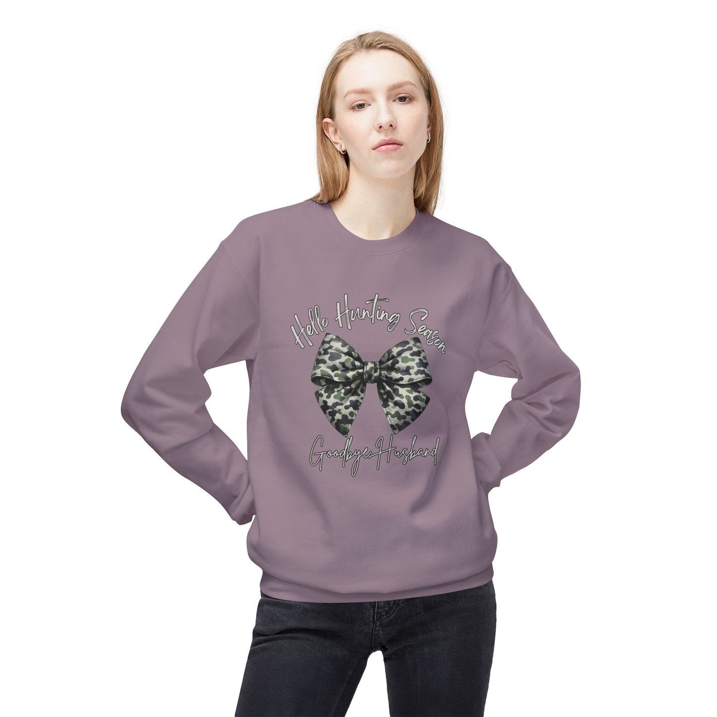 GILDAN - Crewneck Sweatshirt - 'Hate Hunting Season, Goodbye Husband' Camo Bow Graphic