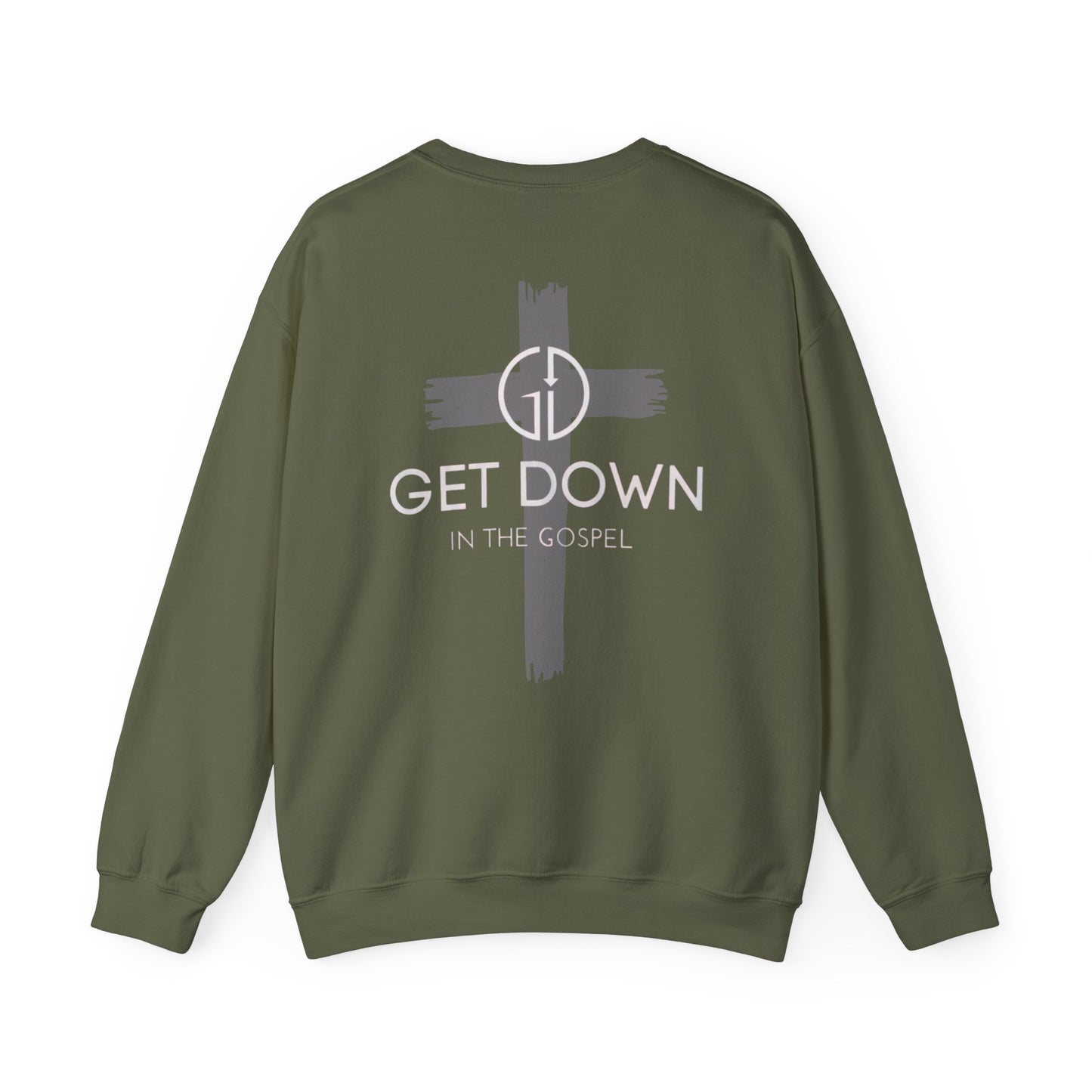 GET DOWN IN THE GOSPEL GRAY CROSS WHITE FONT