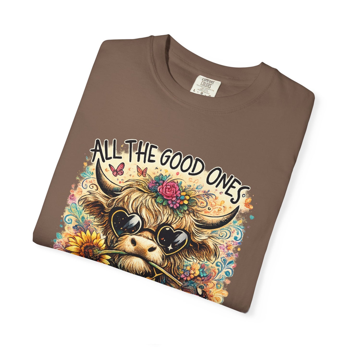 COMFORT COLORS - Cow Graphic T-Shirt — "All the Good Ones Are a Little Crazy" Floral Sunflower Design