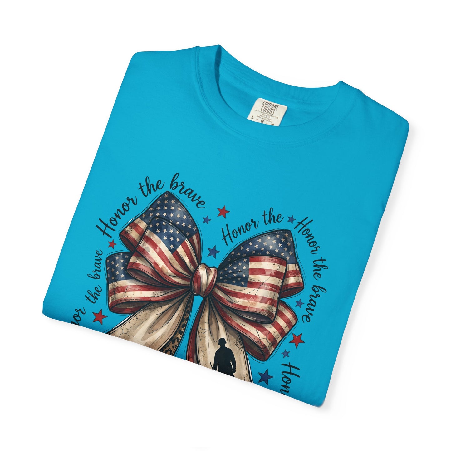 COMFORT COLORS - Patriotic American Flag Bow T-Shirt — "Home of the Brave" Fourth of July Tee
