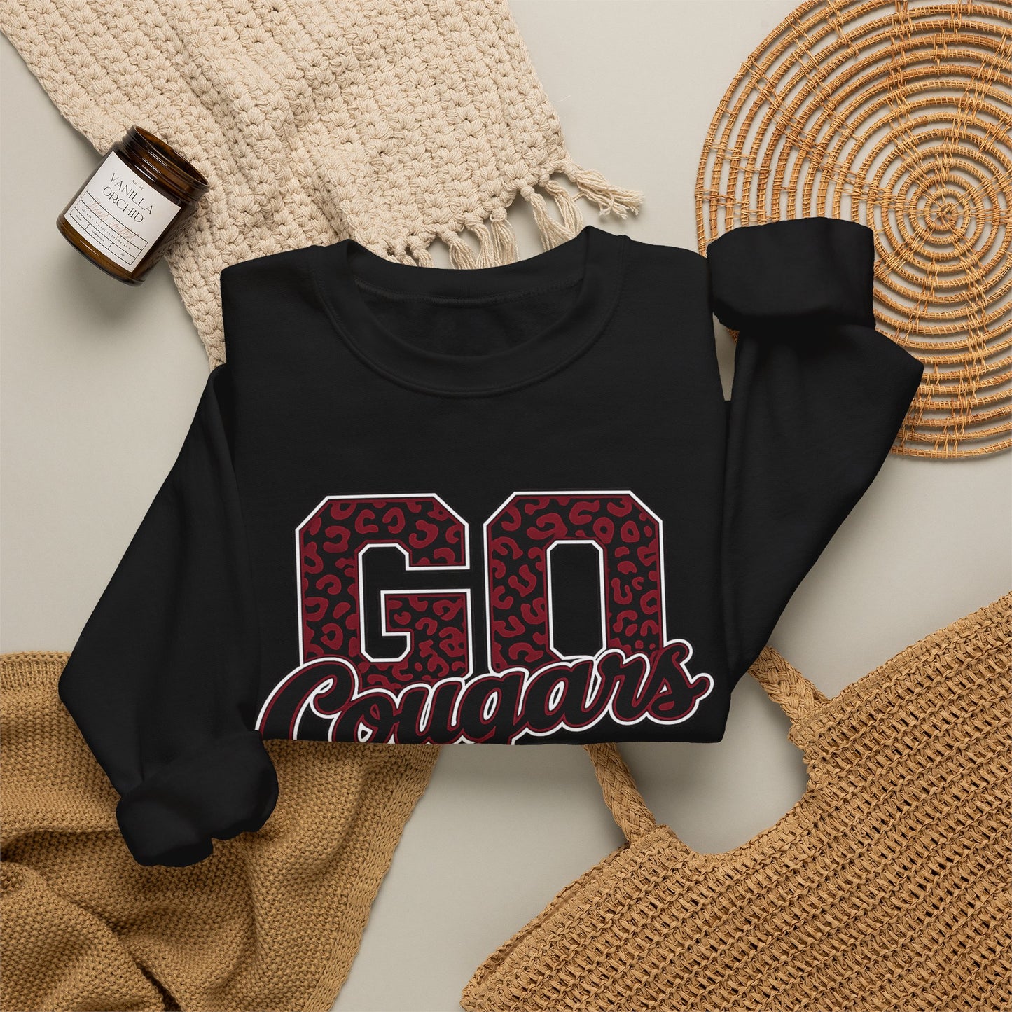 Crewneck Sweatshirt — "Go Cougars" Leopard Varsity School Spirit