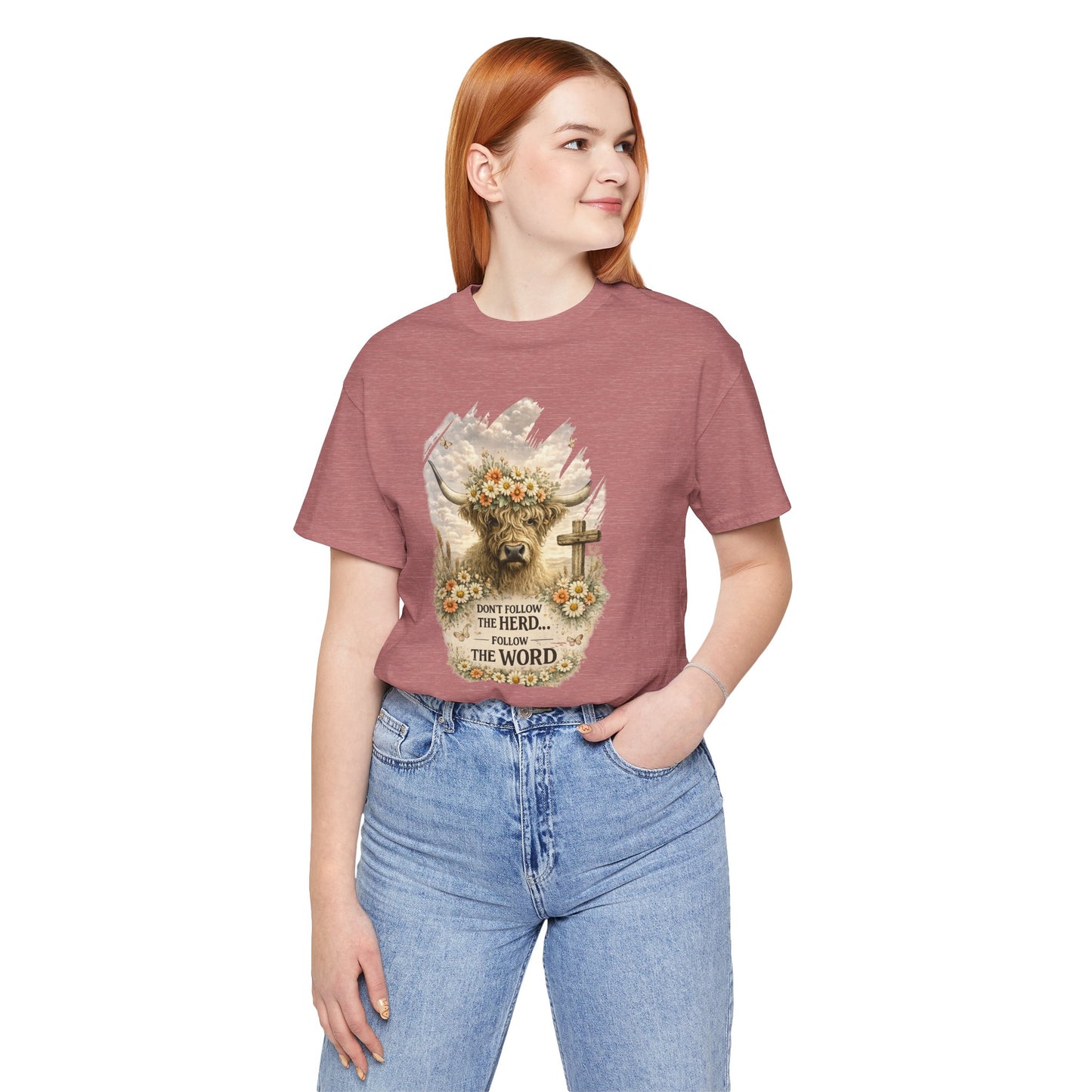 Christian Cow Graphic Tee - "Don't Follow the Herd, Follow the Word" Floral Cross T-Shirt