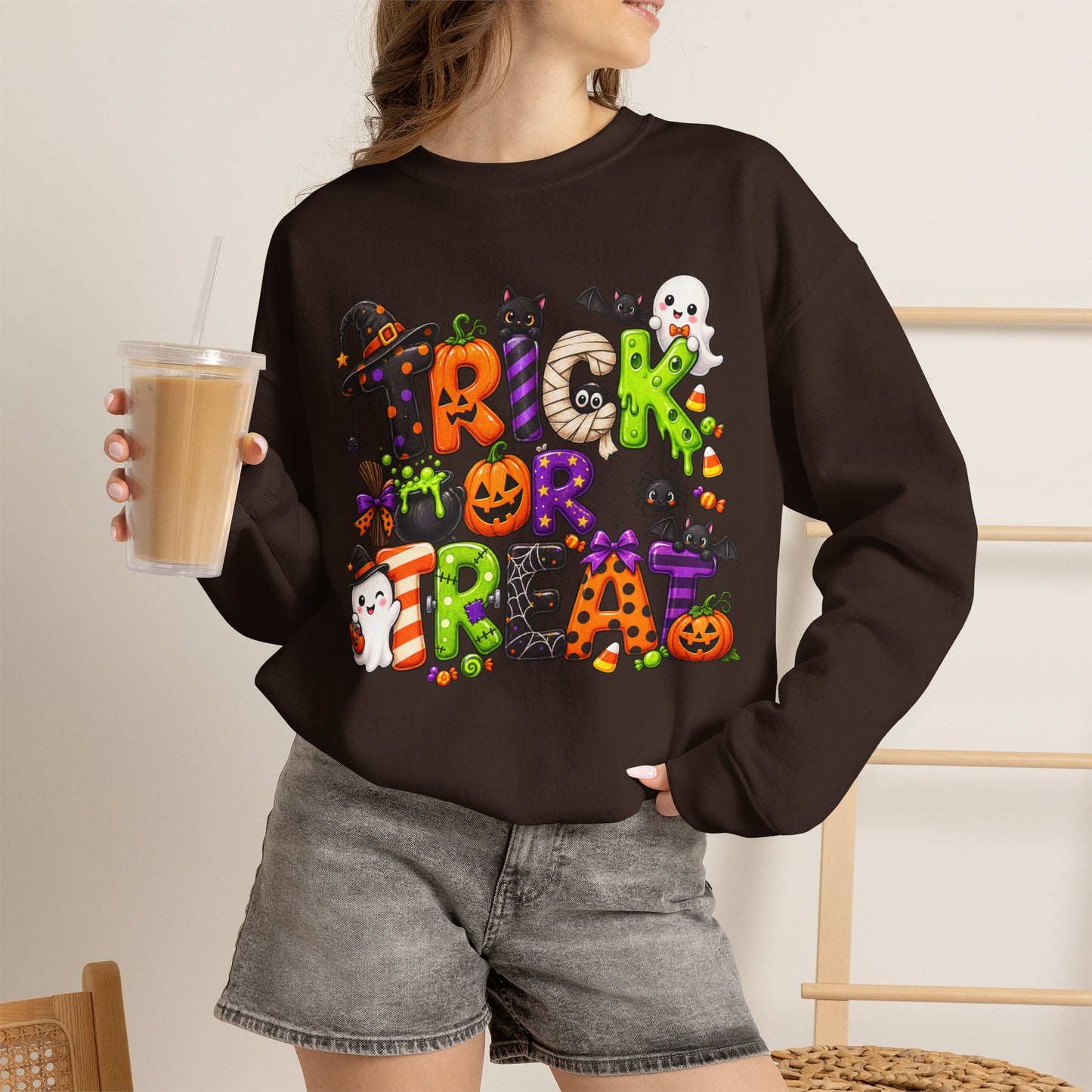 GILDAN - Halloween "Trick or Treat" Crewneck Sweatshirt - Cute Spooky Candy Graphic