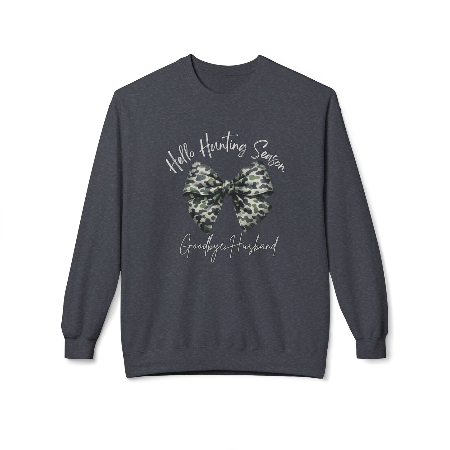 GILDAN - Crewneck Sweatshirt - 'Hate Hunting Season, Goodbye Husband' Camo Bow Graphic