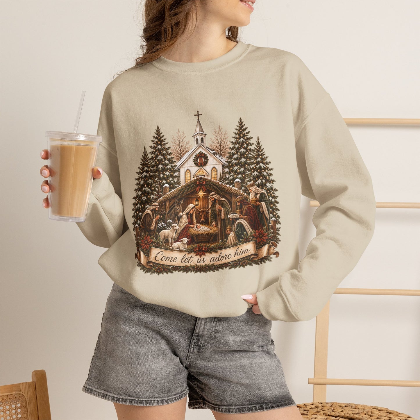 GILDAN - Nativity Scene Crewneck Sweatshirt - "Come Let Us Adore Him" Christmas Pullover