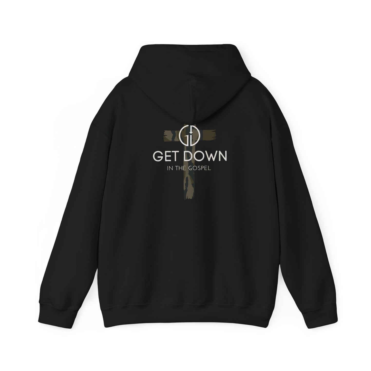 GET DOWN IN THE GOSPEL ADULT HOODIE GREEN CAMO CROSS