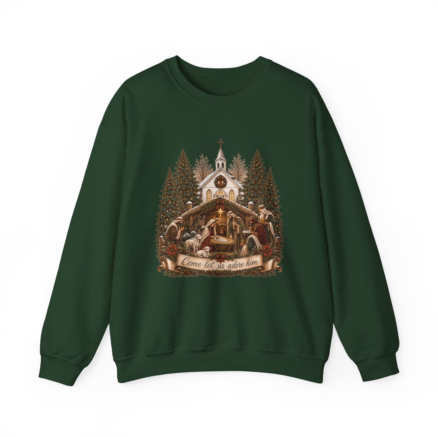 GILDAN - Nativity Scene Crewneck Sweatshirt - "Come Let Us Adore Him" Christmas Pullover