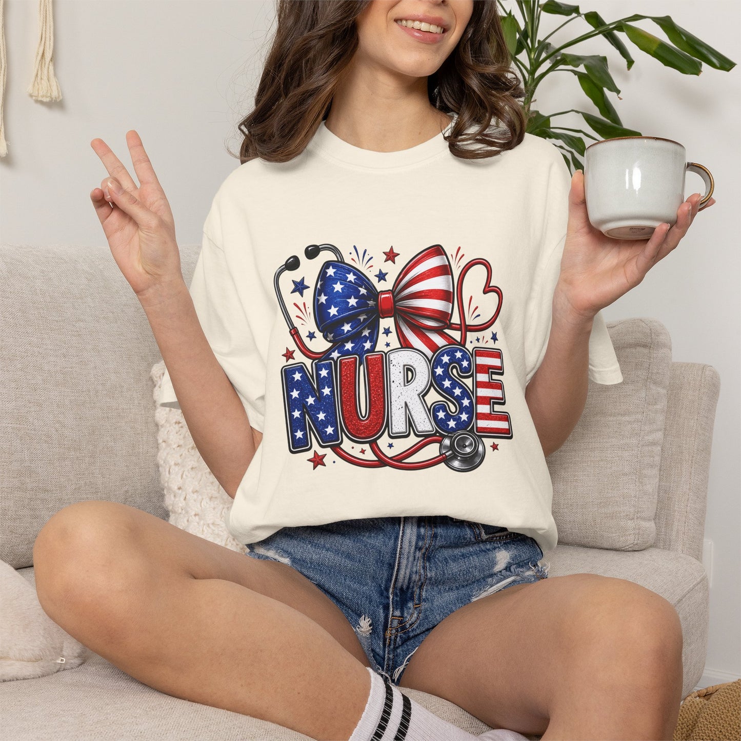 COMFORT COLORS - American Flag Nurse T-Shirt – Patriotic Stethoscope & Bow Healthcare Tee