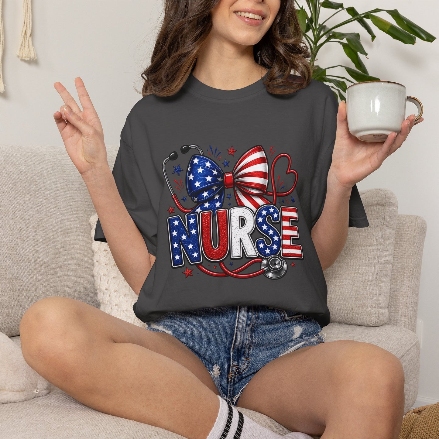 COMFORT COLORS - American Flag Nurse T-Shirt – Patriotic Stethoscope & Bow Healthcare Tee