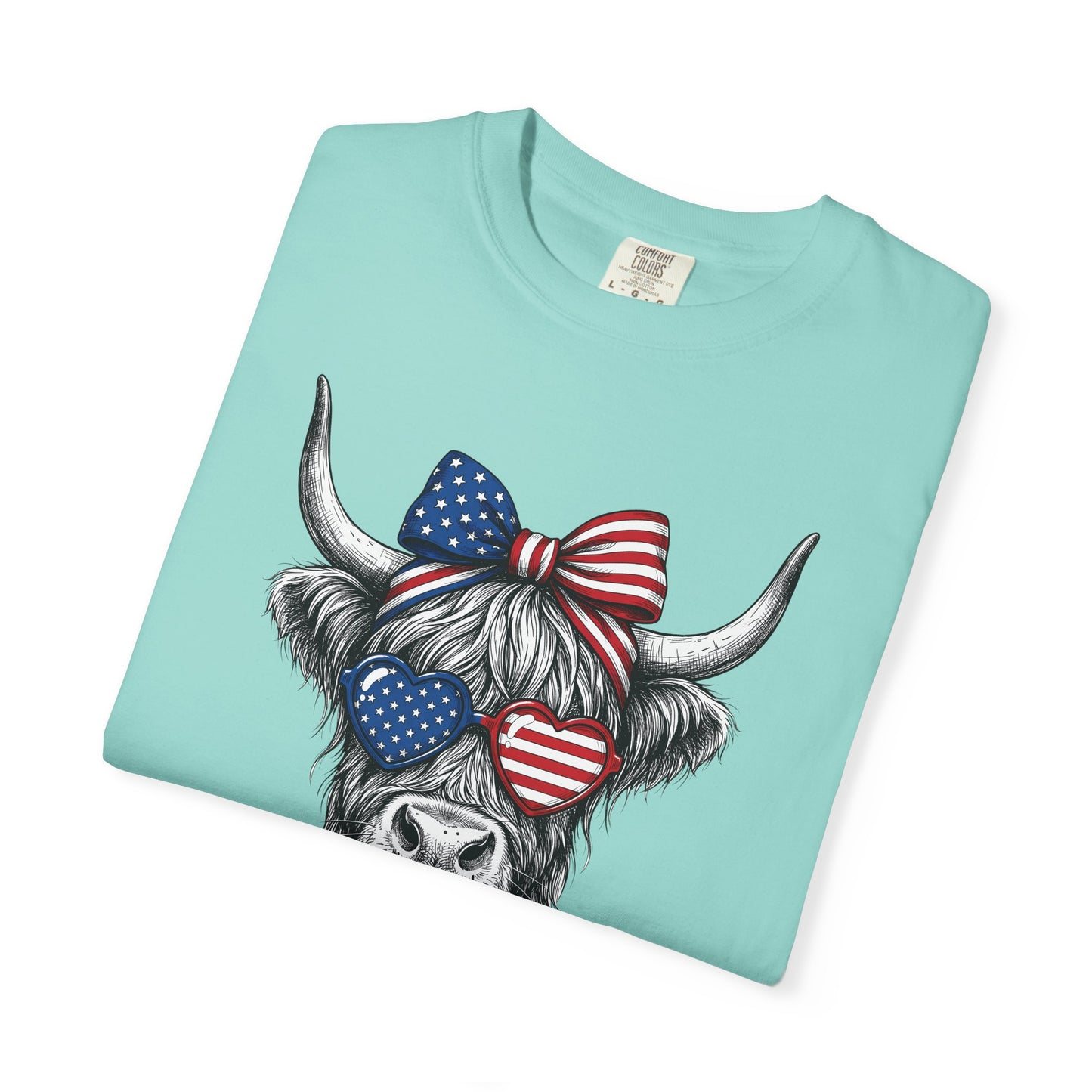 COMFORT COLORS - Patriotic Highland Cow T-Shirt — American Flag Heart Sunglasses