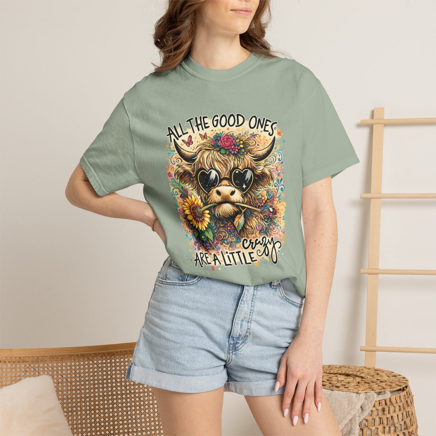 COMFORT COLORS - Cow Graphic T-Shirt — "All the Good Ones Are a Little Crazy" Floral Sunflower Design