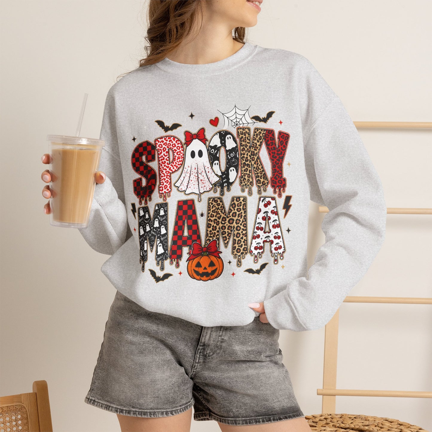 GILDAN - Spooky Mama Sweatshirt – Cute Halloween Ghost & Pumpkin Graphic Crewneck