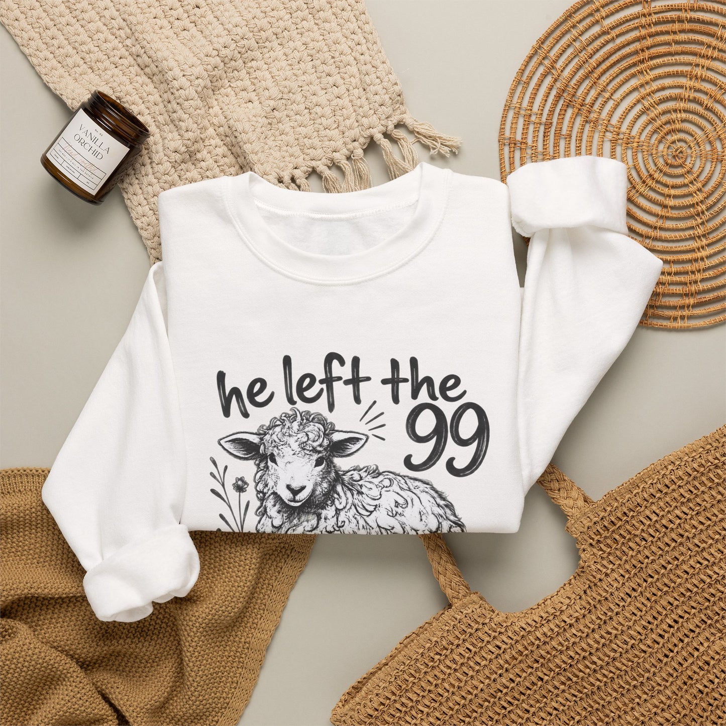 GILDAN - Christian Crewneck Sweatshirt — "He Left the 99 to Find Me" Lamb Graphic