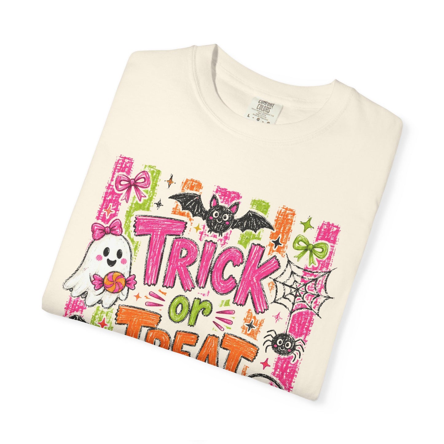 COMFORT COLORS - Trick or Treat Halloween Tee — Cute Ghost, Pumpkin & Candy Graphic T-Shirt