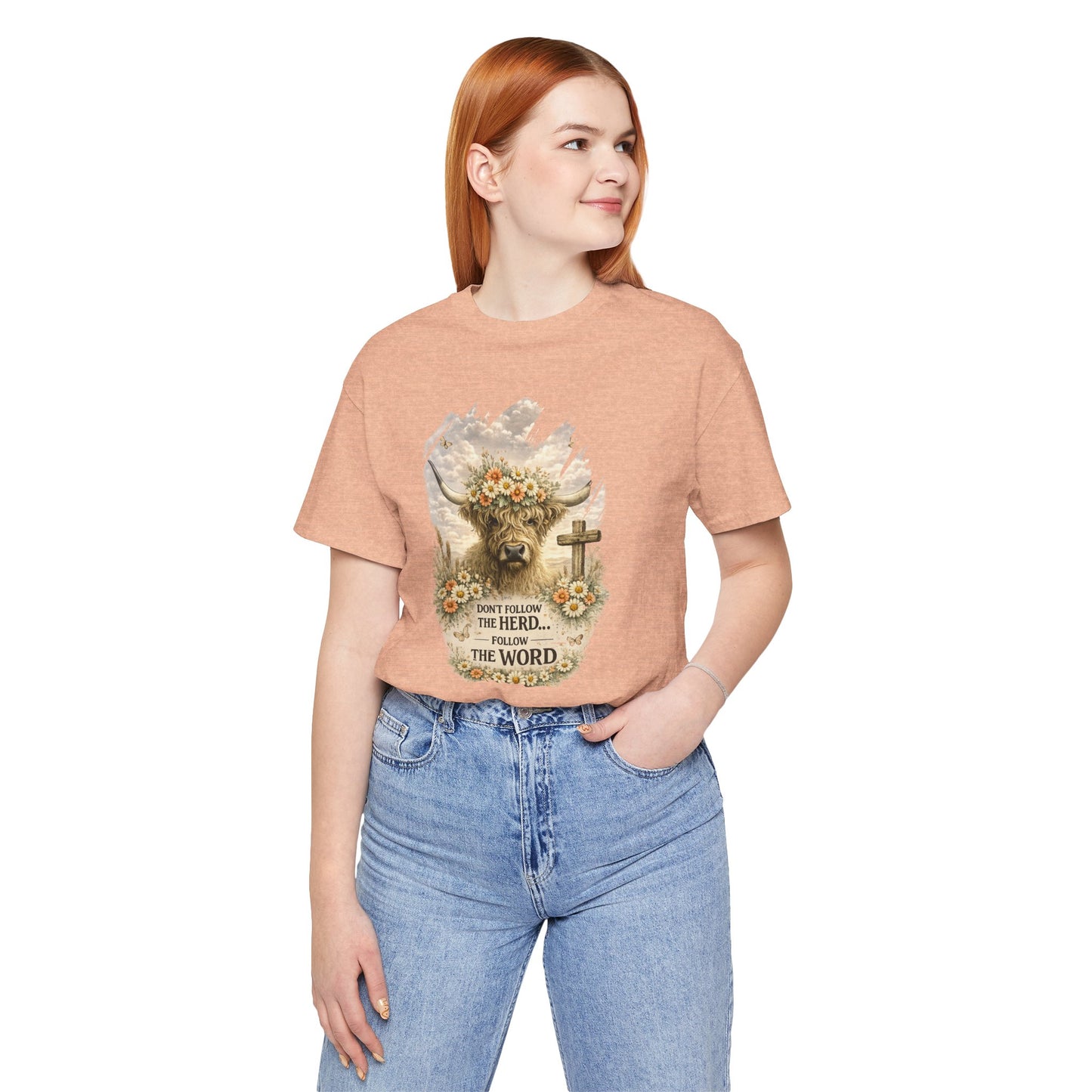 Christian Cow Graphic Tee - "Don't Follow the Herd, Follow the Word" Floral Cross T-Shirt