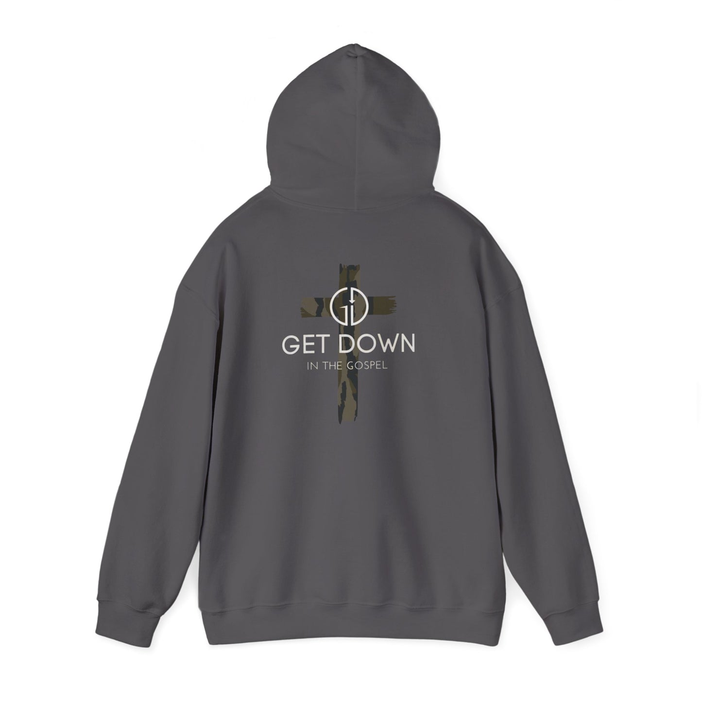 GET DOWN IN THE GOSPEL ADULT HOODIE GREEN CAMO CROSS
