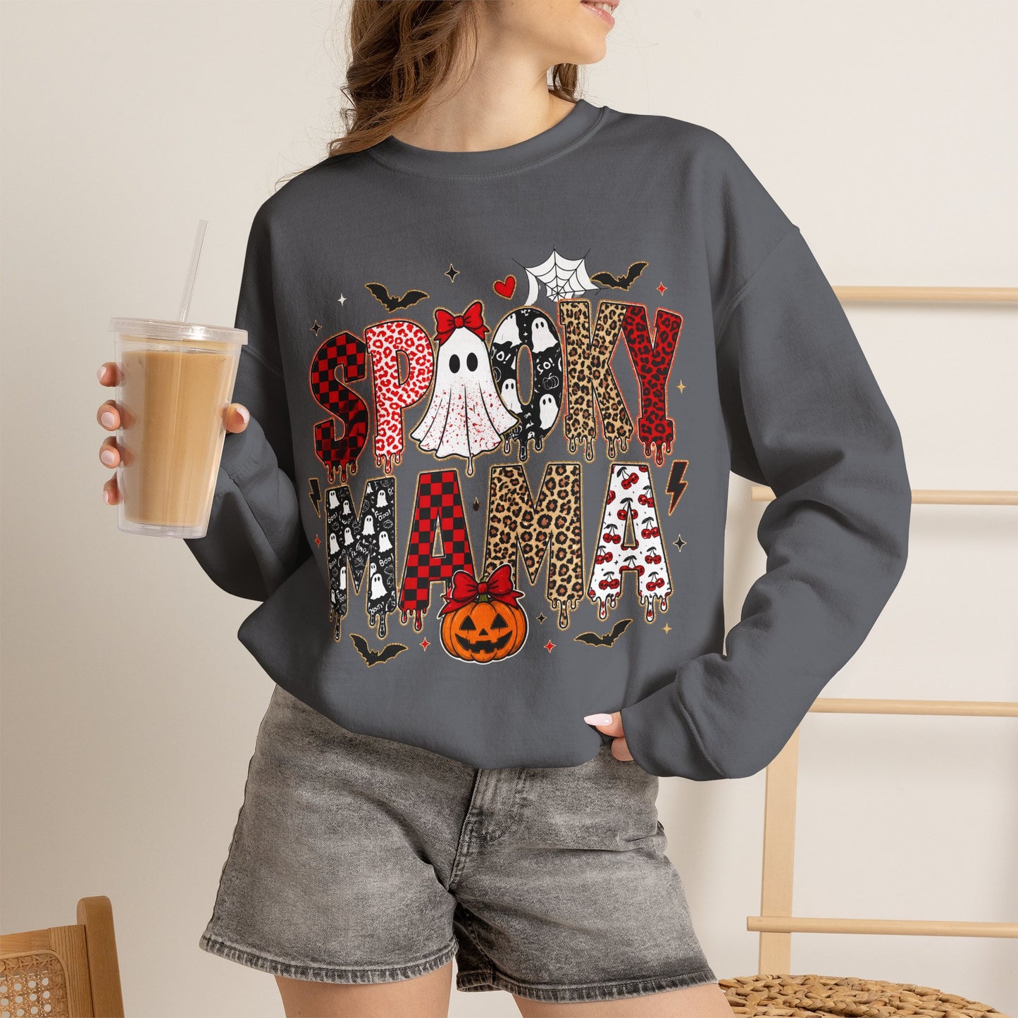 GILDAN - Spooky Mama Sweatshirt – Cute Halloween Ghost & Pumpkin Graphic Crewneck