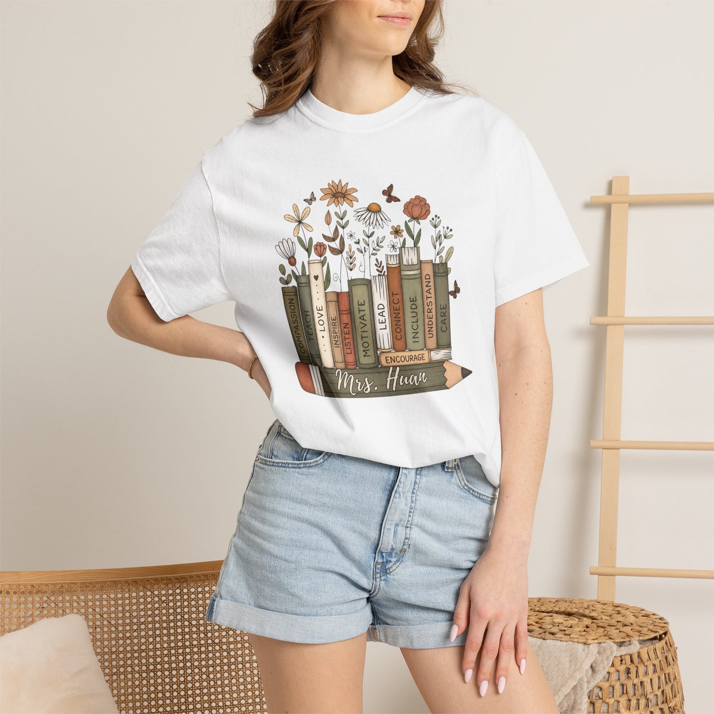 COMFORT COLORS - *** WANT TO PERSONALIZE THIS ?" - DO NOT ORDER THIS, PLEASE EMAIL ME @REFININGFAITHCOMPANY@GMAIL.COM*** Teacher Bookshelf T-Shirt – Personalized “Mrs. Hayes” Pencil & Floral Reading...