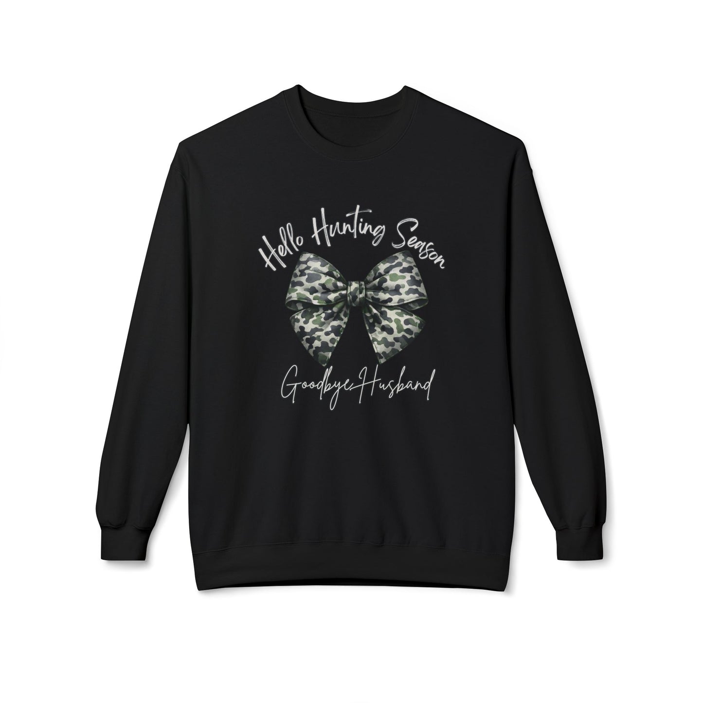 GILDAN - Crewneck Sweatshirt - 'Hate Hunting Season, Goodbye Husband' Camo Bow Graphic