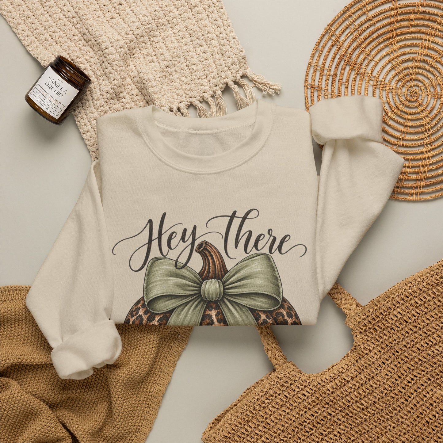 GILDAN - Hey There Pumpkin Sweatshirt — Leopard Pumpkin with Olive Bow Fall Crewneck