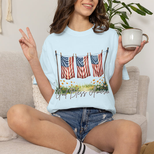 COMFORT COLORS - God Bless America T-Shirt — Vintage Flag Clothesline Patriotic Tee