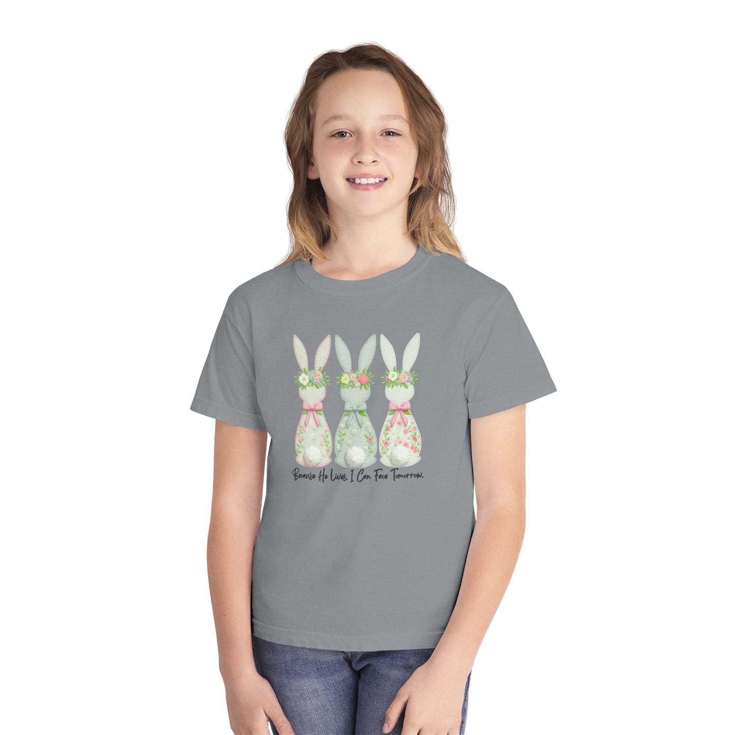 COMFORT COLORS - Easter Floral Bunny Youth Tee — 'Because He Lives'