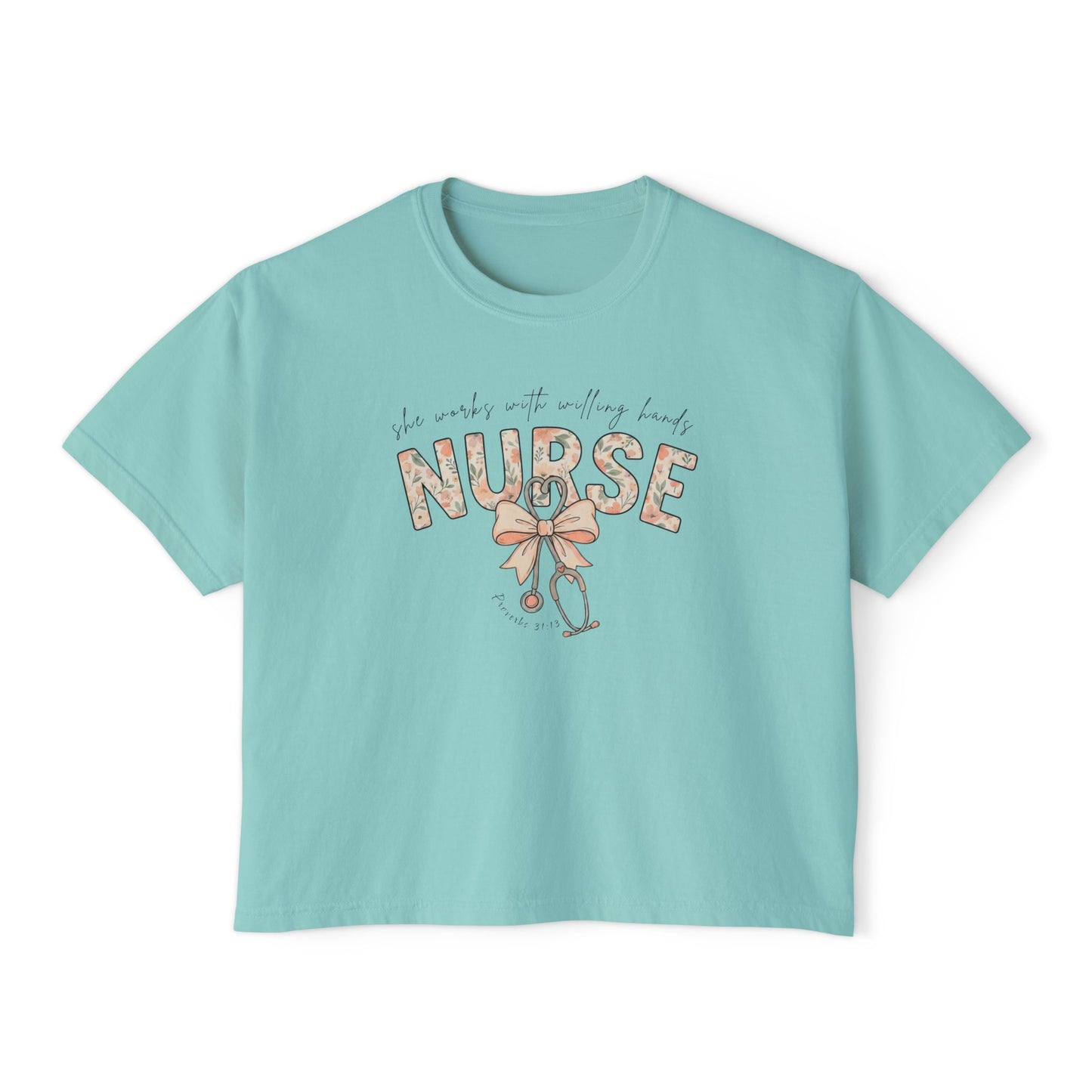 COMFORT COLOR - Nurse Boxy Tee — Floral Stethoscope Graphic for Women, "Nurse" Gift