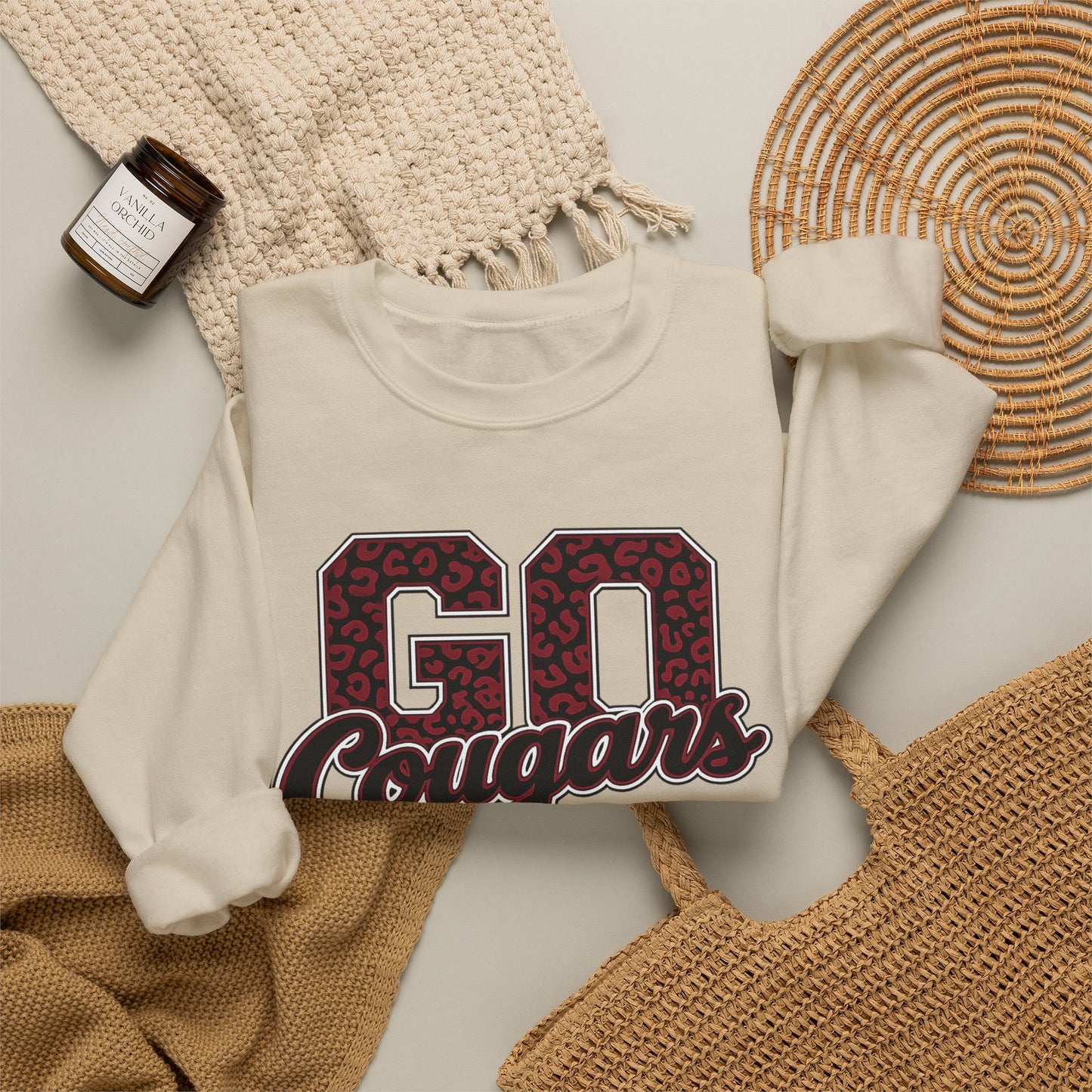Crewneck Sweatshirt — "Go Cougars" Leopard Varsity School Spirit