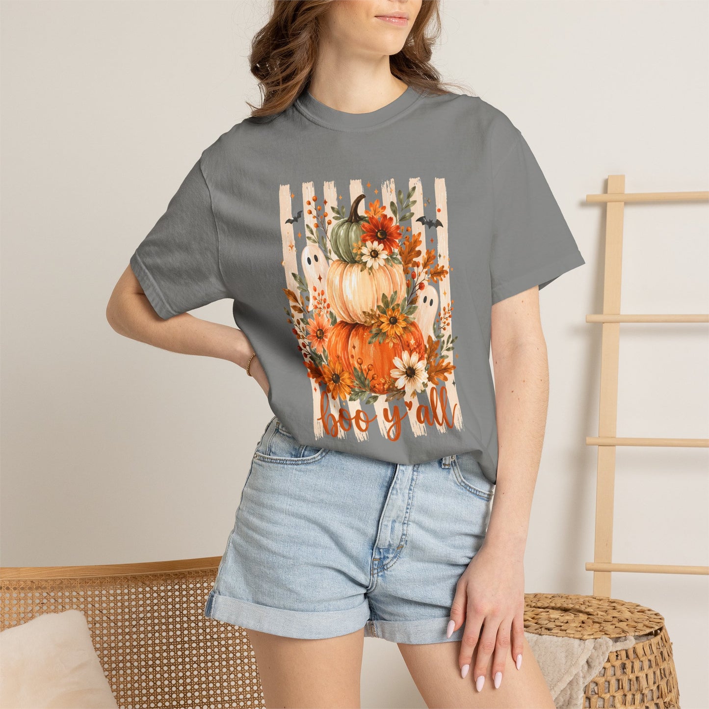 COMFORT COLORS - Pumpkin Stack 'Boo Y'all' Fall T-Shirt — Autumn Floral Halloween Tee