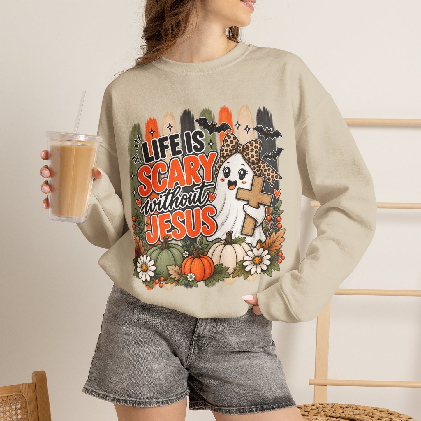 GILDAN - Christian Halloween Sweatshirt — "Life Is Scary Without Jesus" Fall Crewneck
