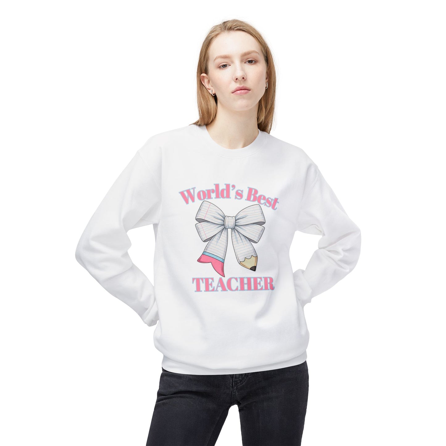 World’s Best Teacher Crewneck Sweatshirt — Bow & Pencil Teacher Gift