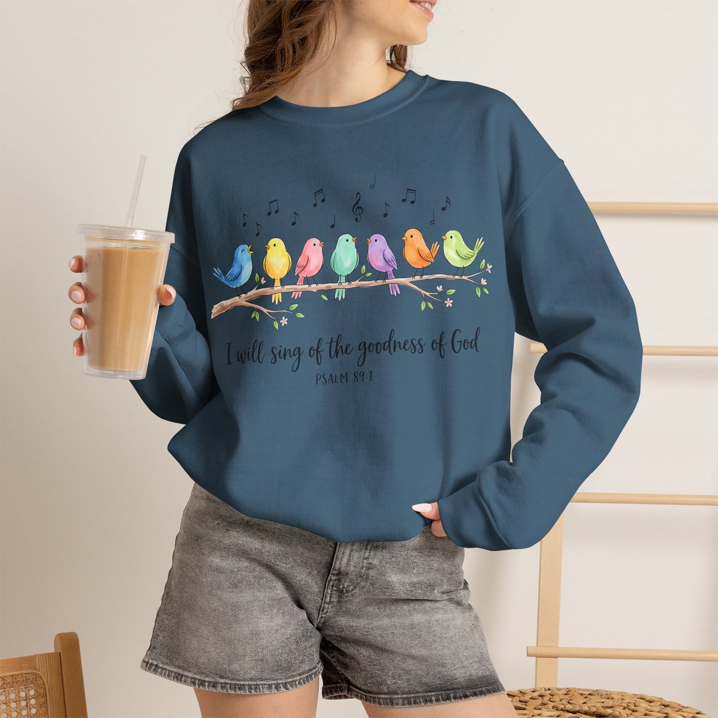 GILDAN - Psalm 89:1 Birds Crewneck Sweatshirt — I Will Sing of the Goodness of God Christian Sweatshirt