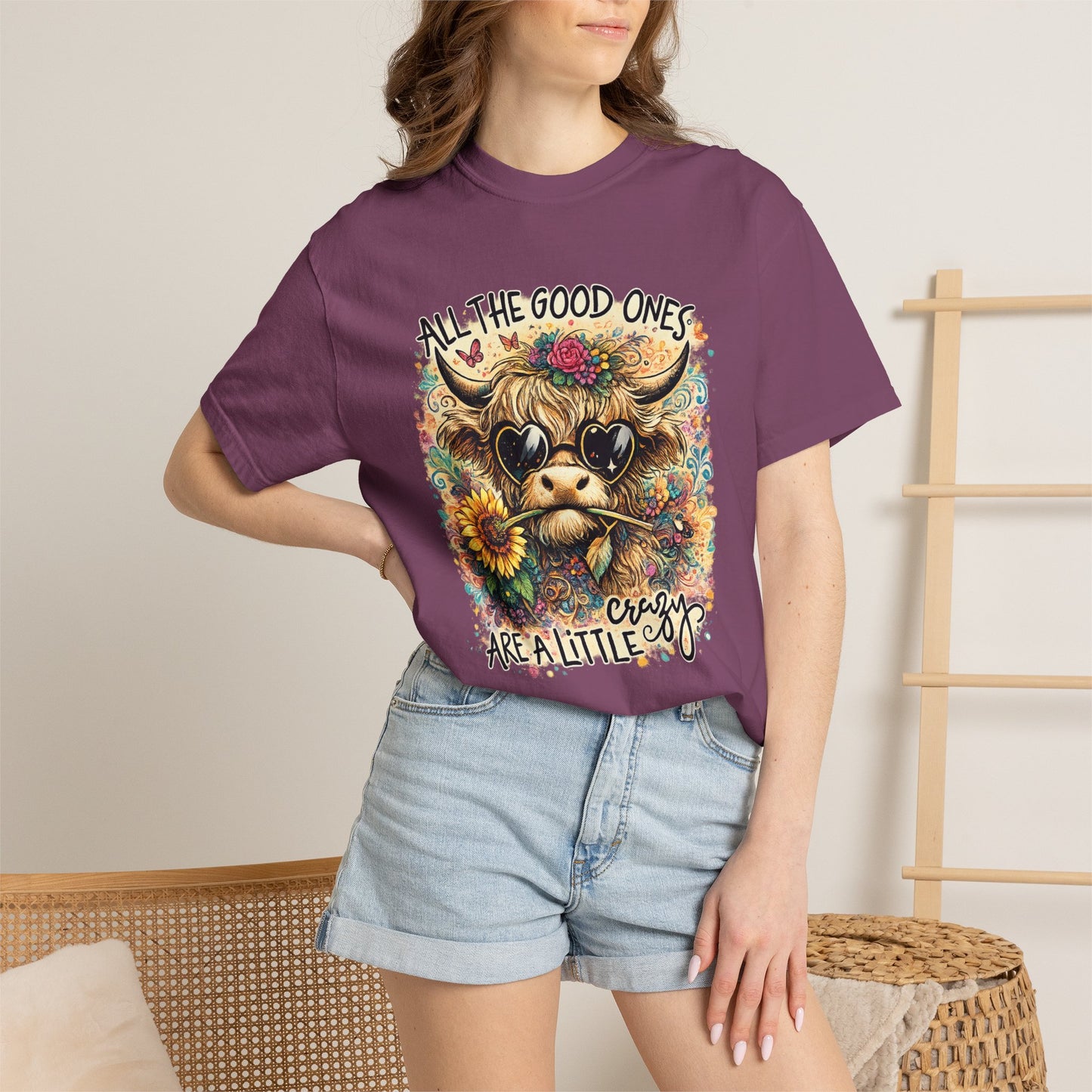 COMFORT COLORS - Cow Graphic T-Shirt — "All the Good Ones Are a Little Crazy" Floral Sunflower Design