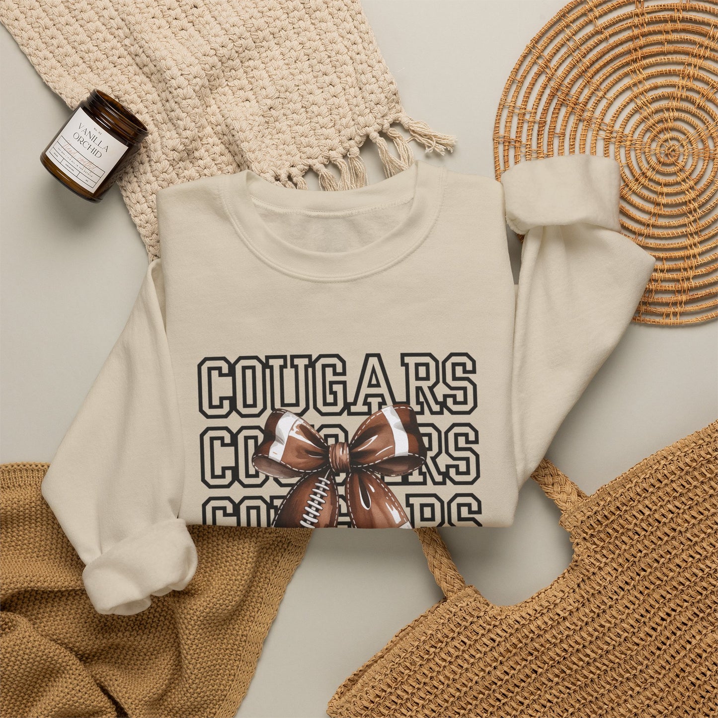 GILDAN - Cougars Cheer Bow Sweatshirt - Repeated Text Graphic Crewneck