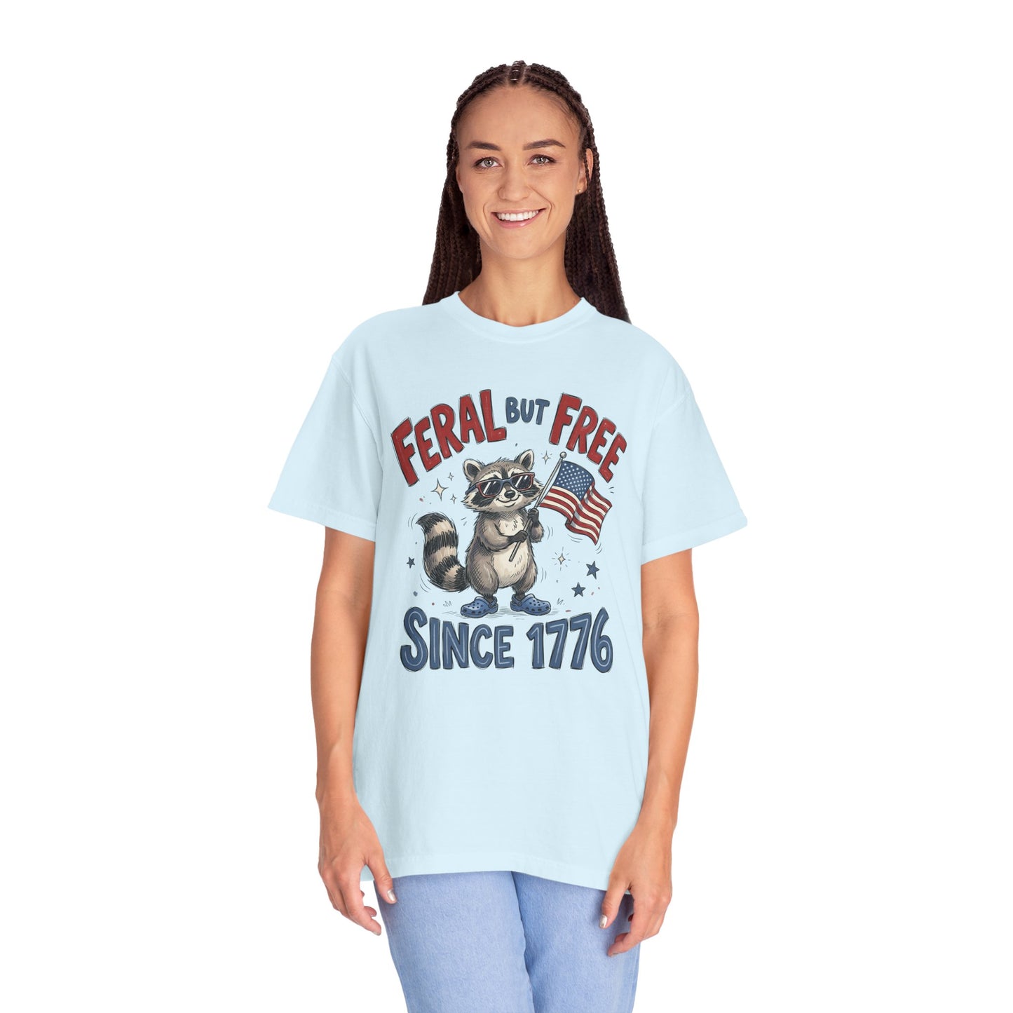 Feral But Free Since 1776 T-Shirt — Cute Raccoon American Flag Patriotic Tee
