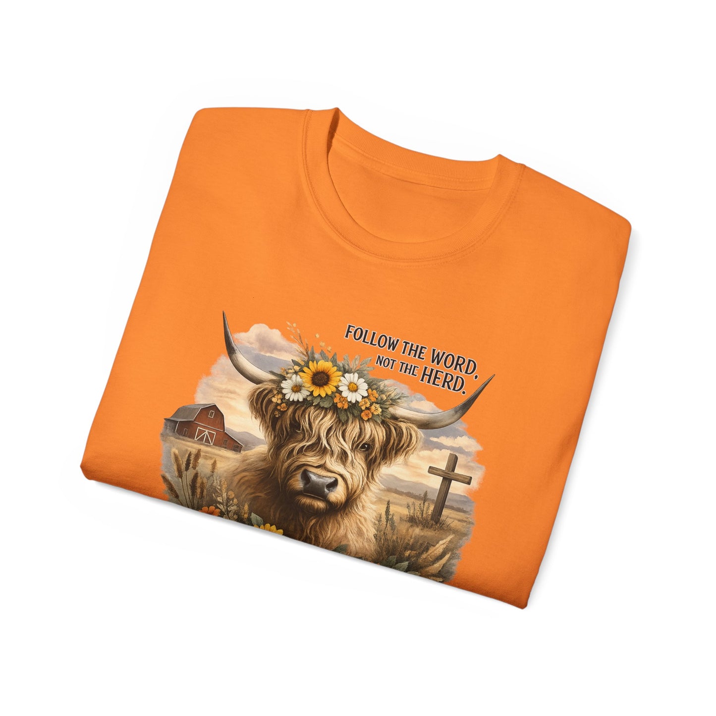 Cow Floral Tee — "Follow the Word, Not the Herd" Graphic T-Shirt