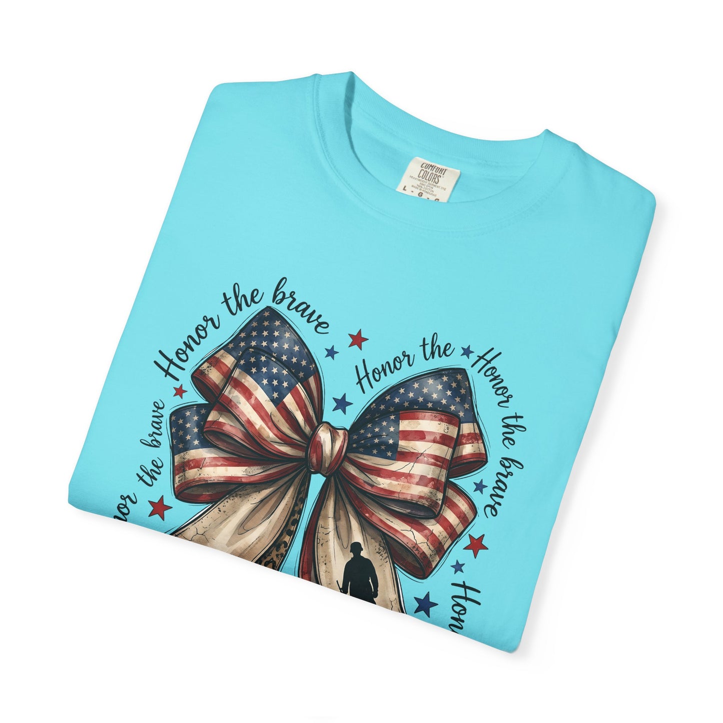 COMFORT COLORS - Patriotic American Flag Bow T-Shirt — "Home of the Brave" Fourth of July Tee