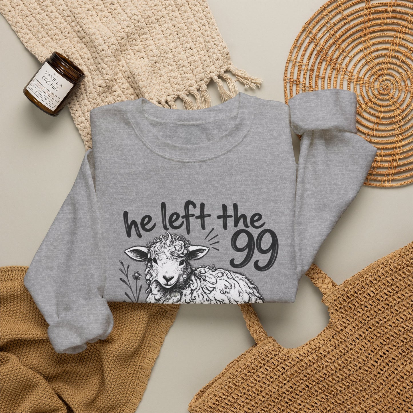 GILDAN - Christian Crewneck Sweatshirt — "He Left the 99 to Find Me" Lamb Graphic