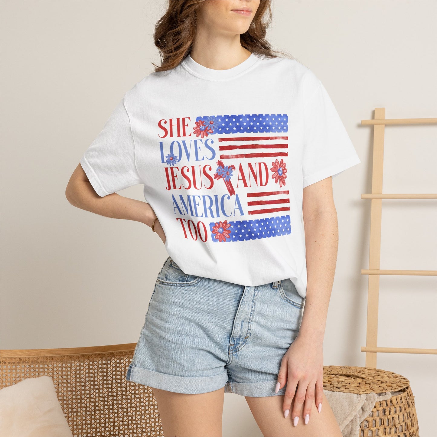 COMFORT COLORS - She Loves Jesus and America Too T-Shirt — Patriotic Christian Tee for Women (July 4th)