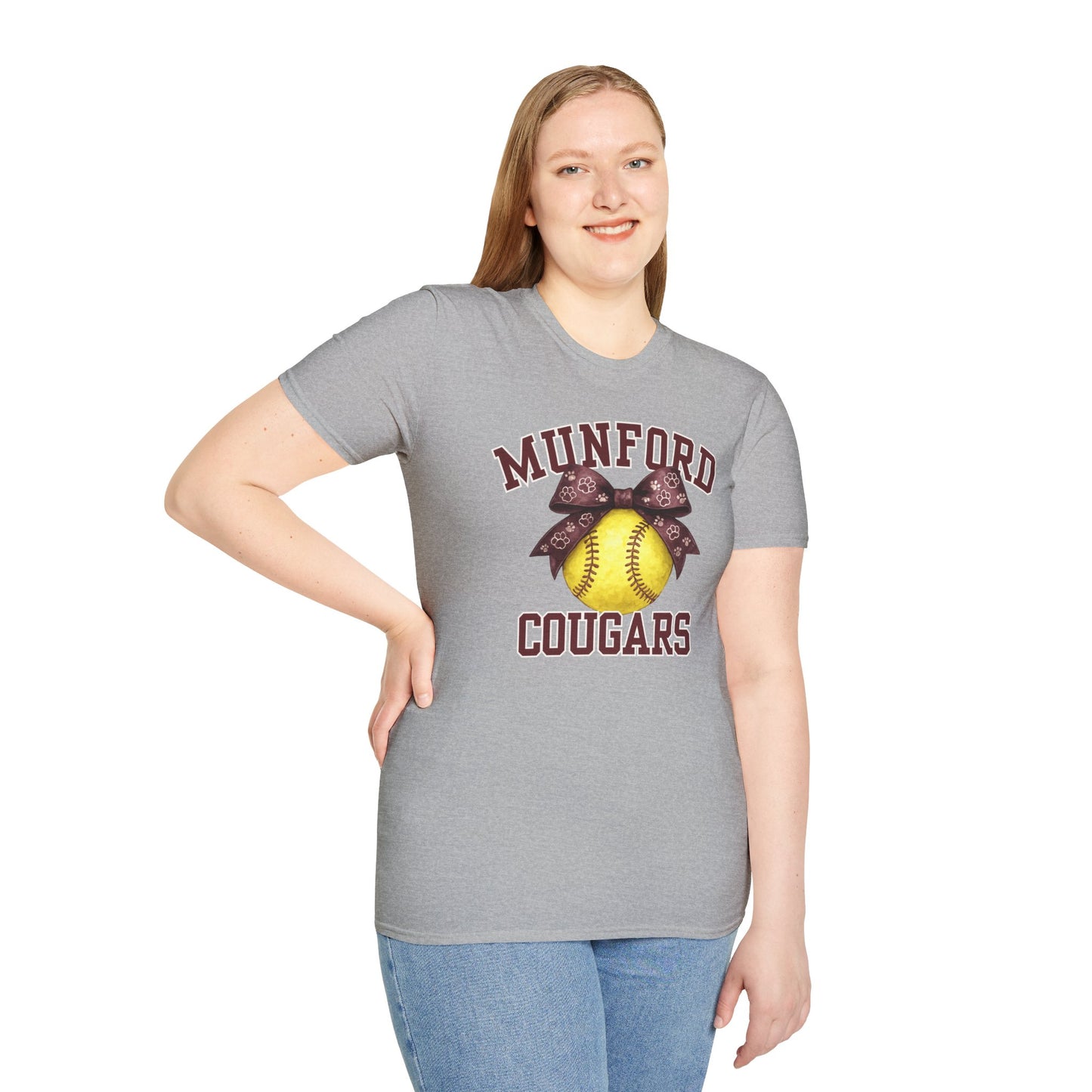 Munford Cougars Softball T-Shirt — Yellow Ball & Bow Team Tee