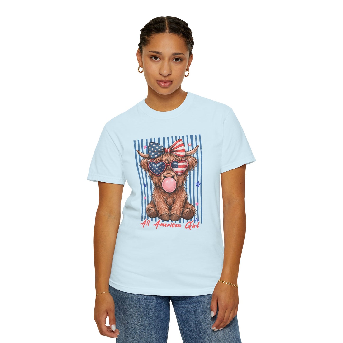 COMFORT COLORS - All American Girl T-Shirt — Patriotic Cow Pup Graphic Tee