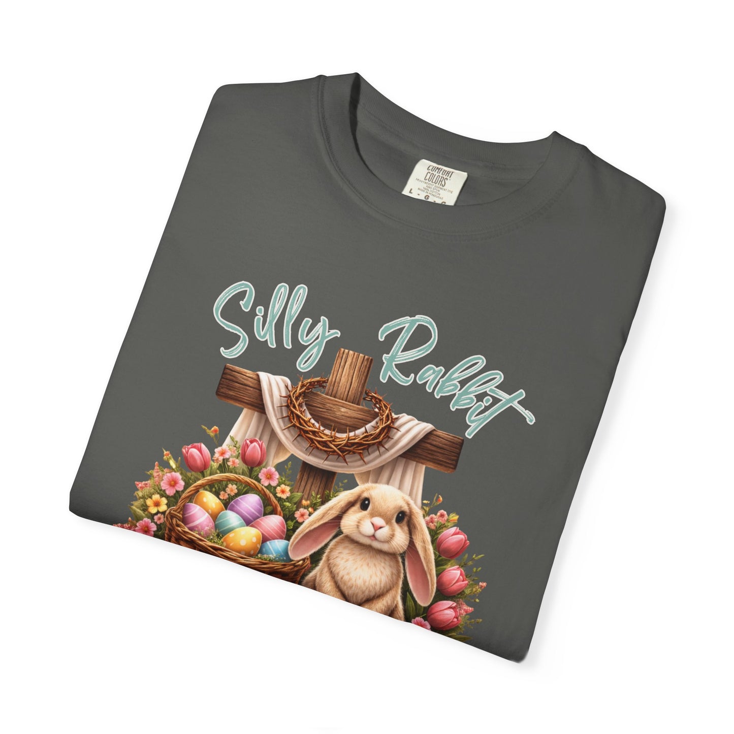 COMFORT COLORS -  Silly Rabbit Easter Bunny T-shirt | Pastel Eggs, Basket, Cross Back Print