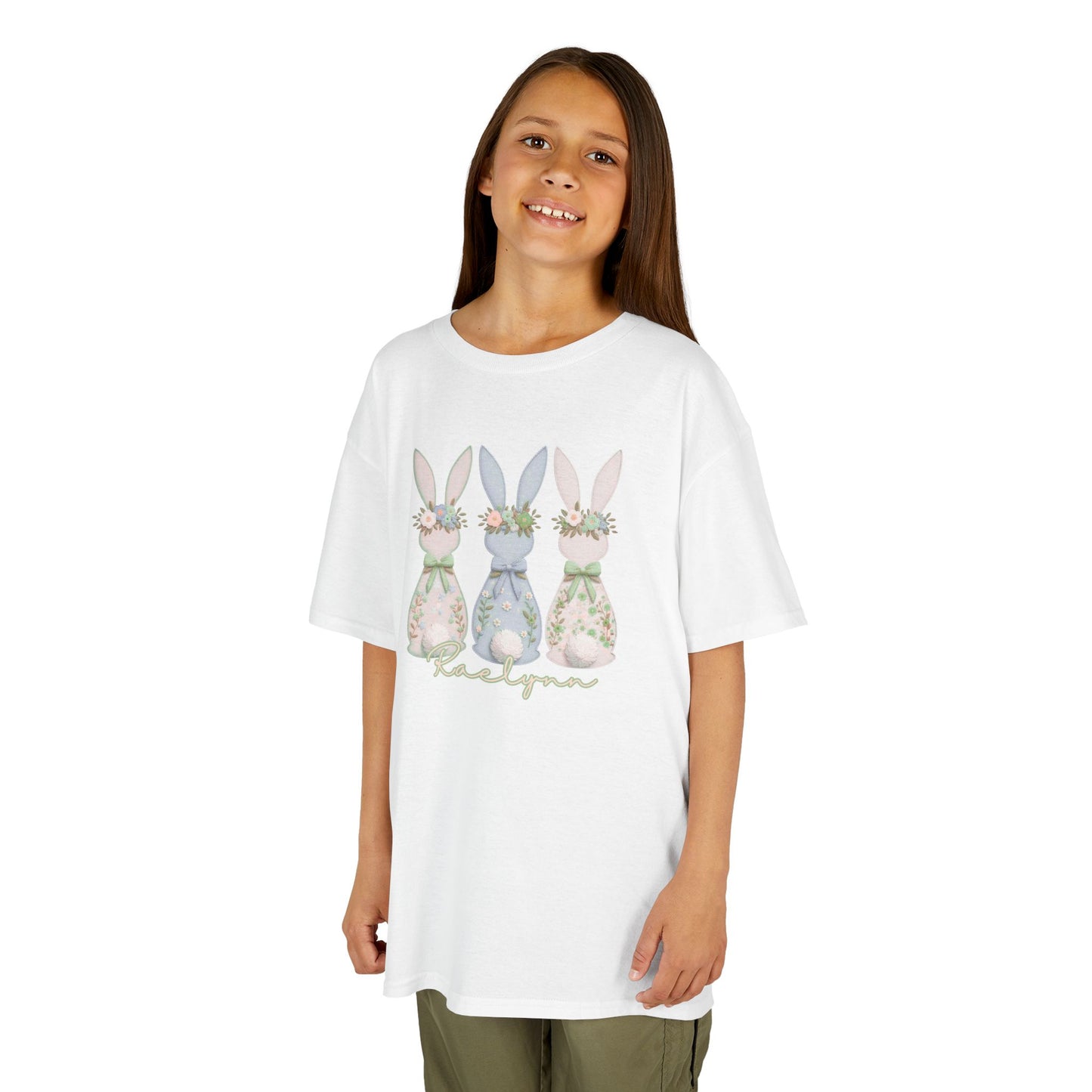 **PERSONALIZE IT ** Kids Tee — Pastel Floral Bunnies "Hello Spring" Easter Shirt
